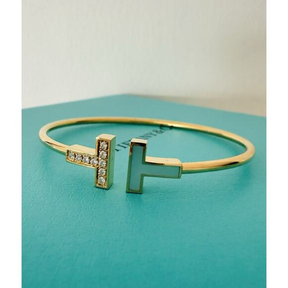 Auth Tiffany & Co. 18k Gold Diamond & Mother Pearl T Square Wire Cuff Bracelet - Picture 8 of 8